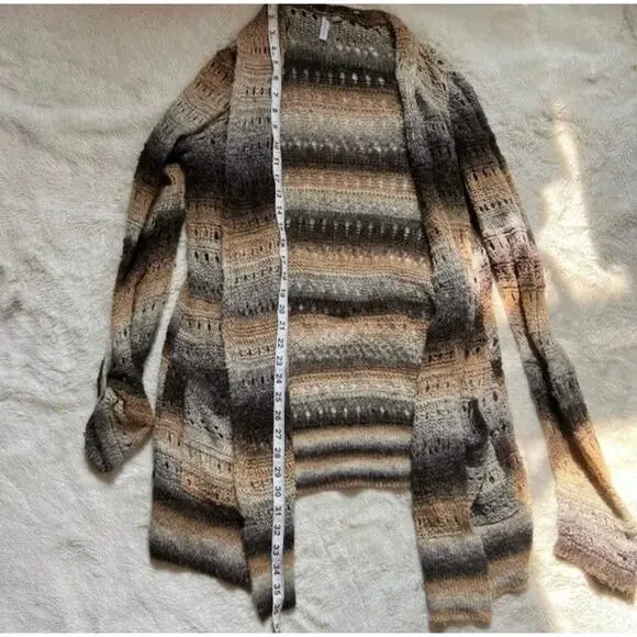 Black, Cream, Gray Open Front Neutral Striped Knit Crochet Cardigan Sweater 1X - Picture 5 of 10